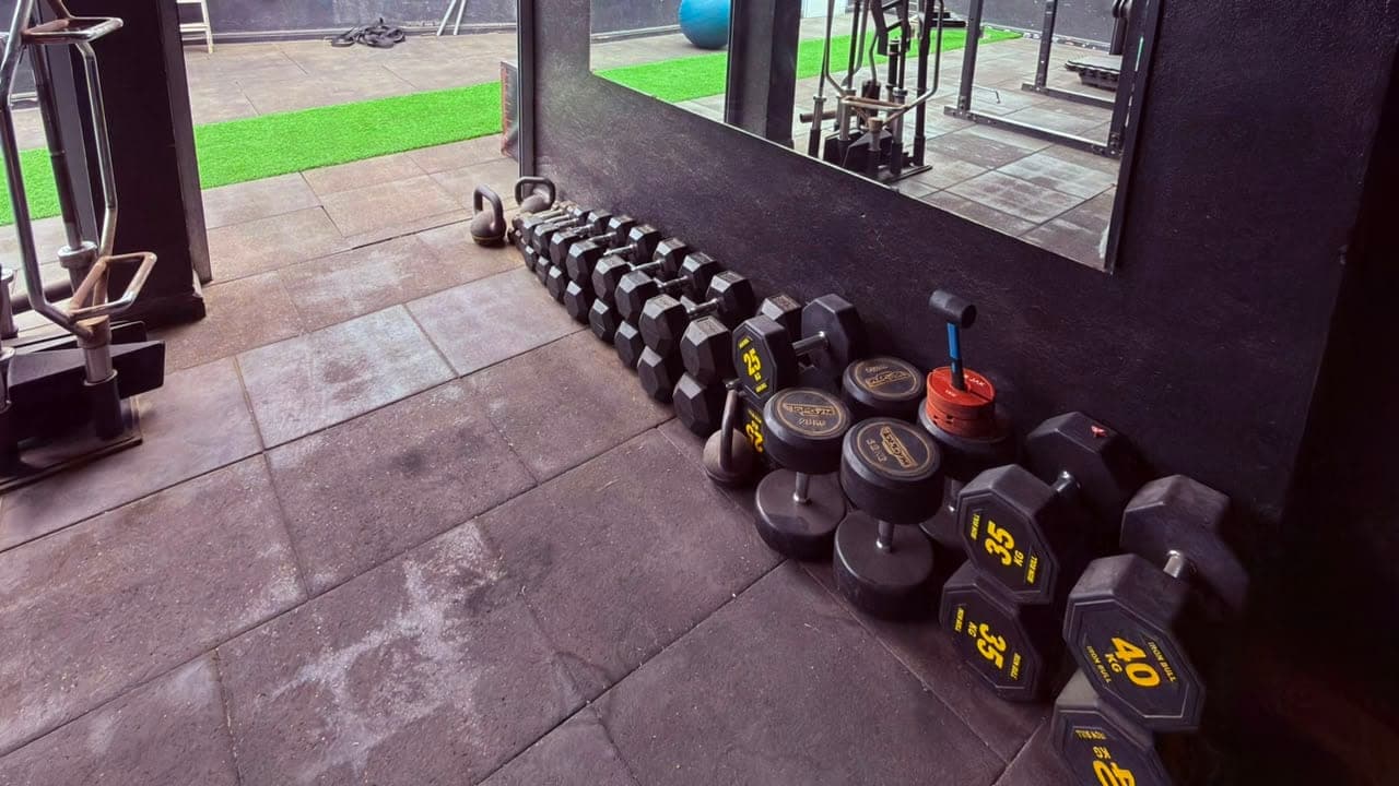 Rack d’haltères jusqu’à 40 kg et kettlebells alignés le long du miroir, ouverts sur la terrasse