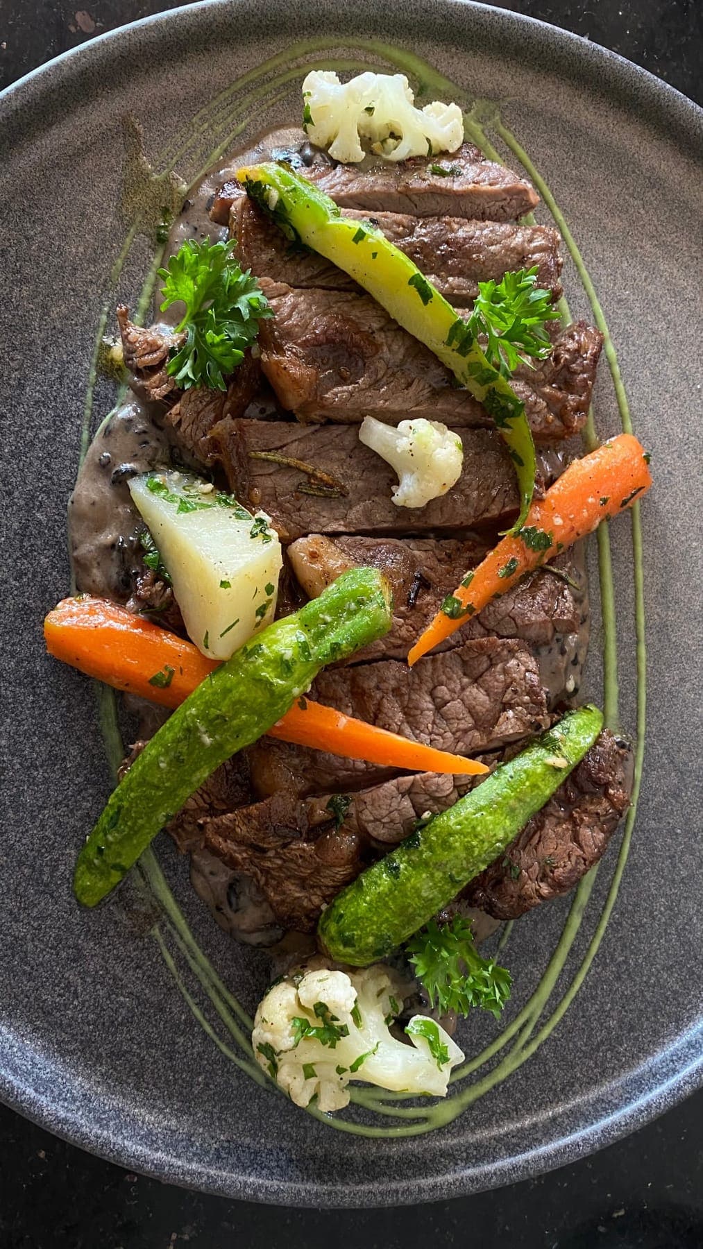 Sliced beef with glazed vegetables plated for the group dinner